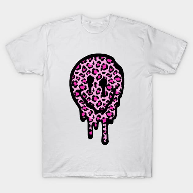 Pink Leopard Drippy Smiley Face T-Shirt by lolsammy910